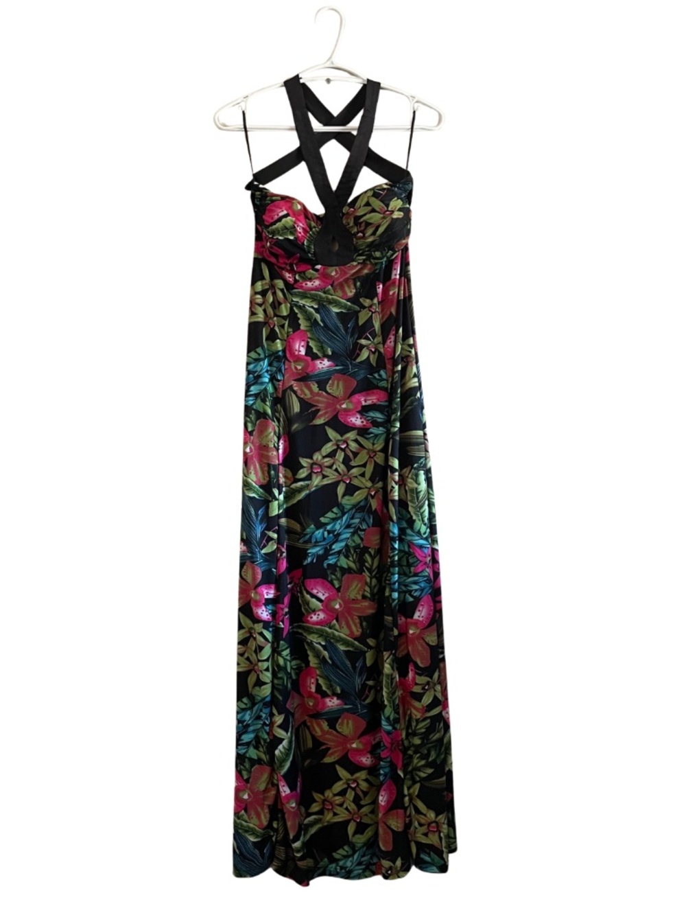 QED London Black Floral Maxi Dress Crisscross Straps – Size M/L EUC
